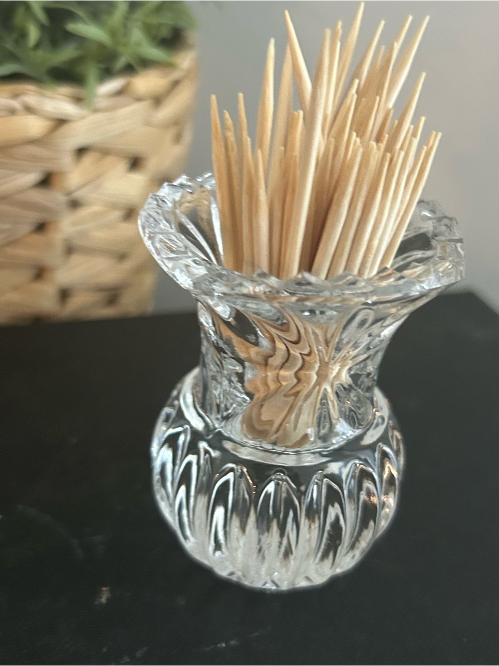 vintage clear pressed glass toothpick holder fluted, bulbous base small